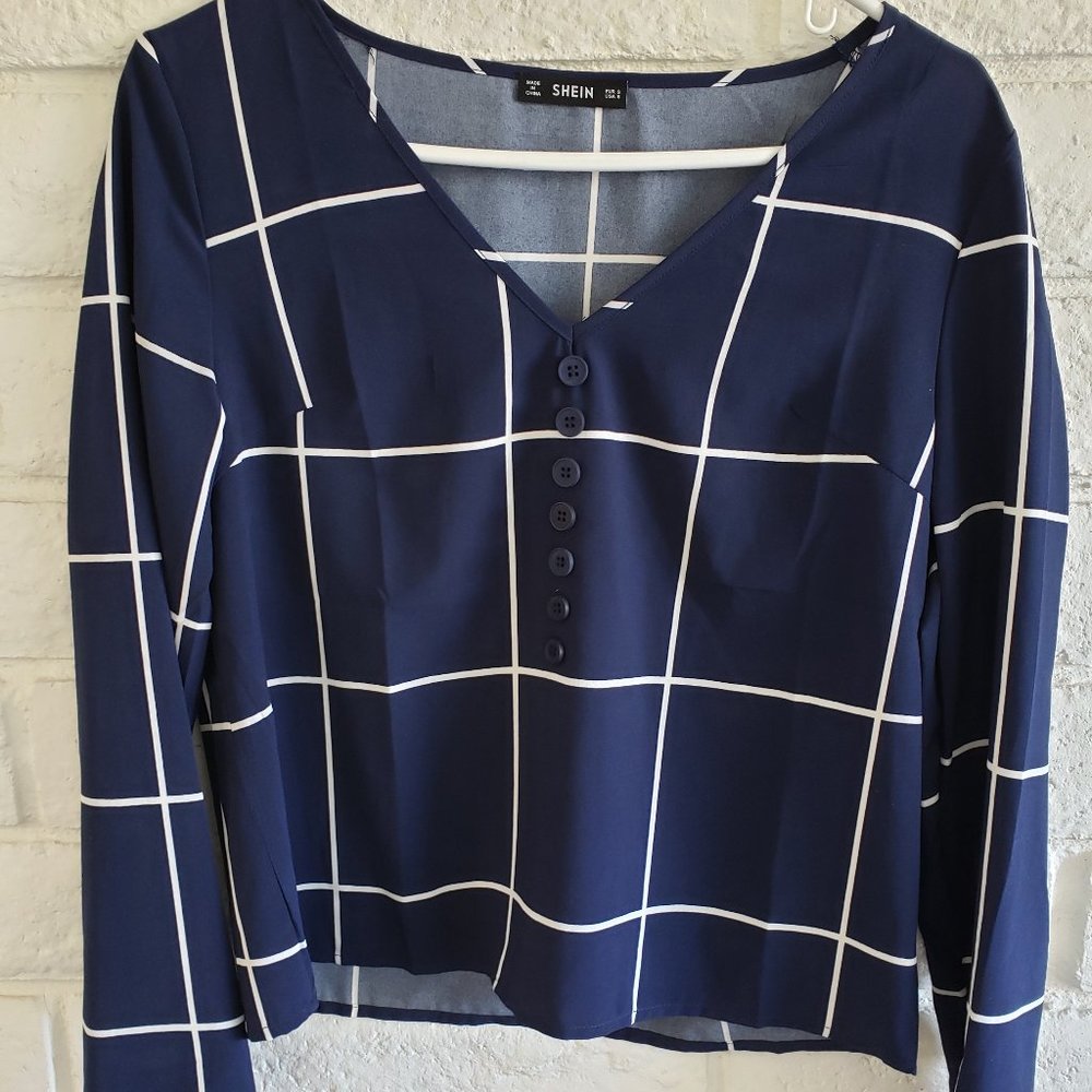 NEW Navy Blue Windowpane V-neck Long Sleeve Blouse